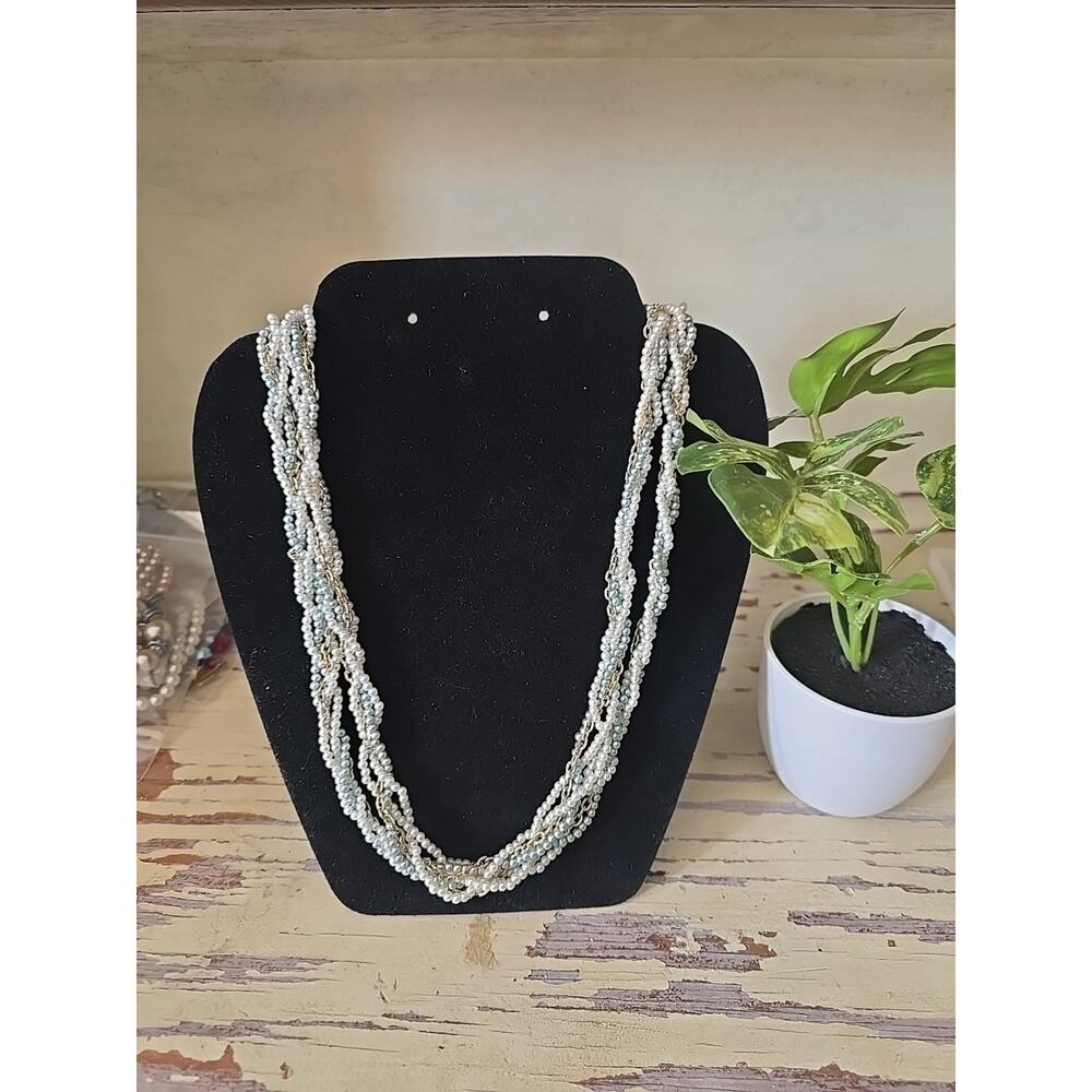 Vintage Multi Strand Pearl Necklace Gold Chain Torsade Layered Statement Wedding